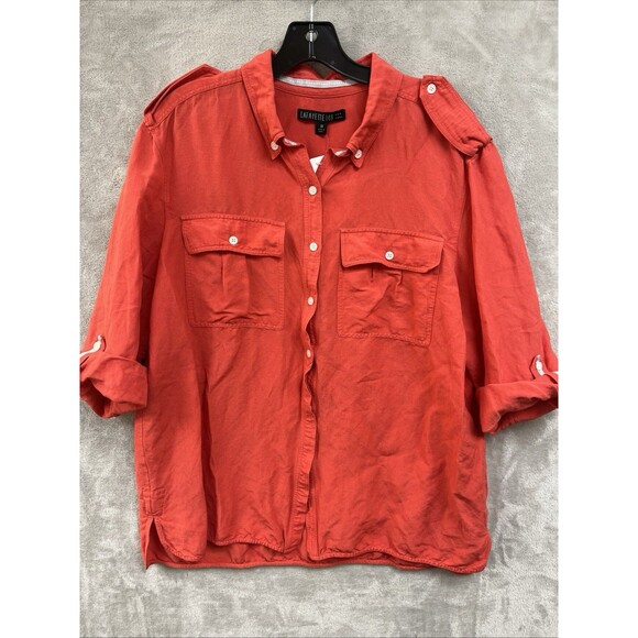 Lafayette 148 Top Women’s 14 Bright‎ Orange Linen Rayon Button Up 3/4 Sleeve - Picture 1 of 6